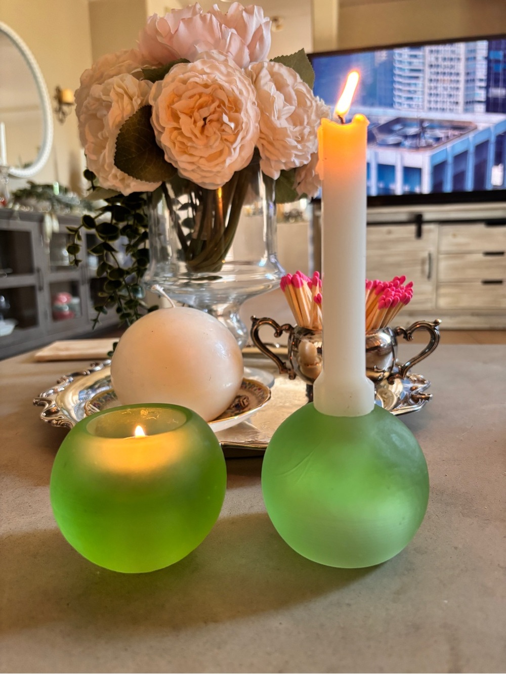 Vintage Frosted Green Glass Ball Reversible Taper Votive Candle Holders Pair